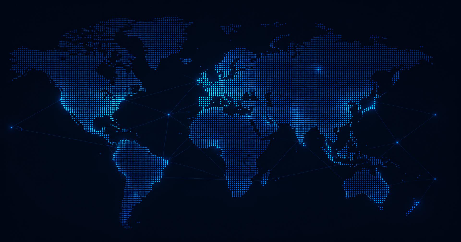 Dotted world map with connected network lines