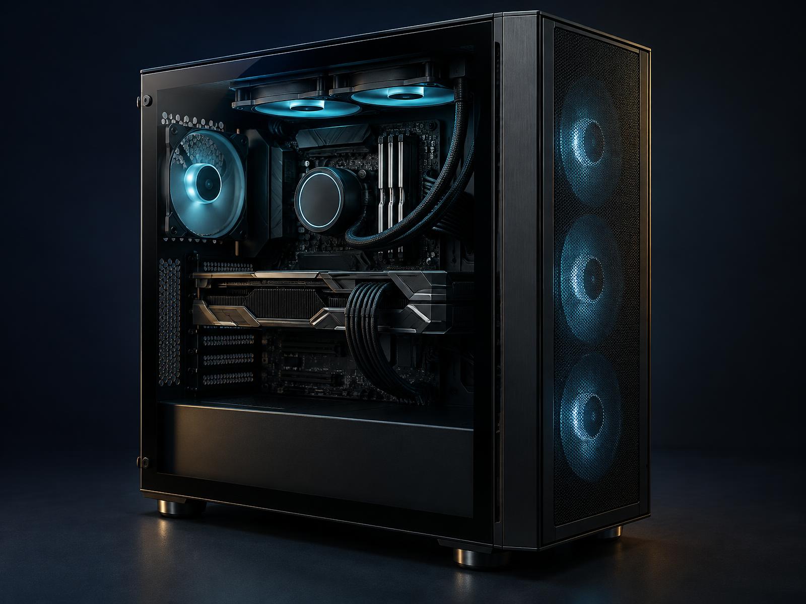 Custom-built desktop PC with a modern graphics card, tidy cables and restrained cyan lighting