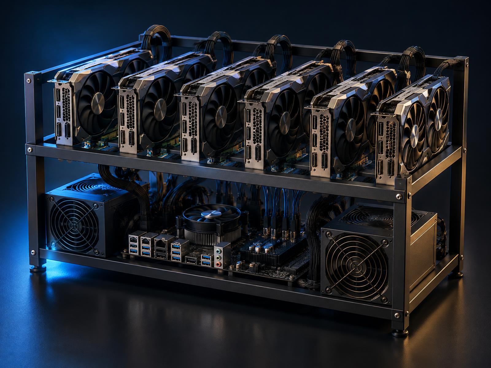 Open-frame multi-GPU mining system with organized cabling, cooling and power supplies