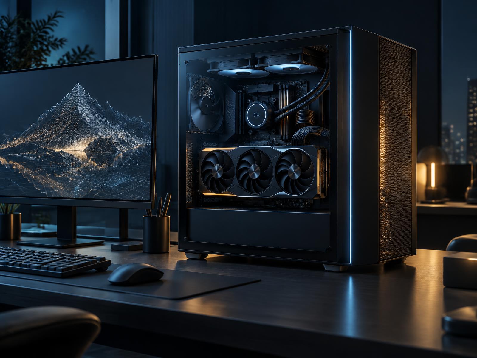 Professional GPU workstation with a glass-sided tower and technical rendering display