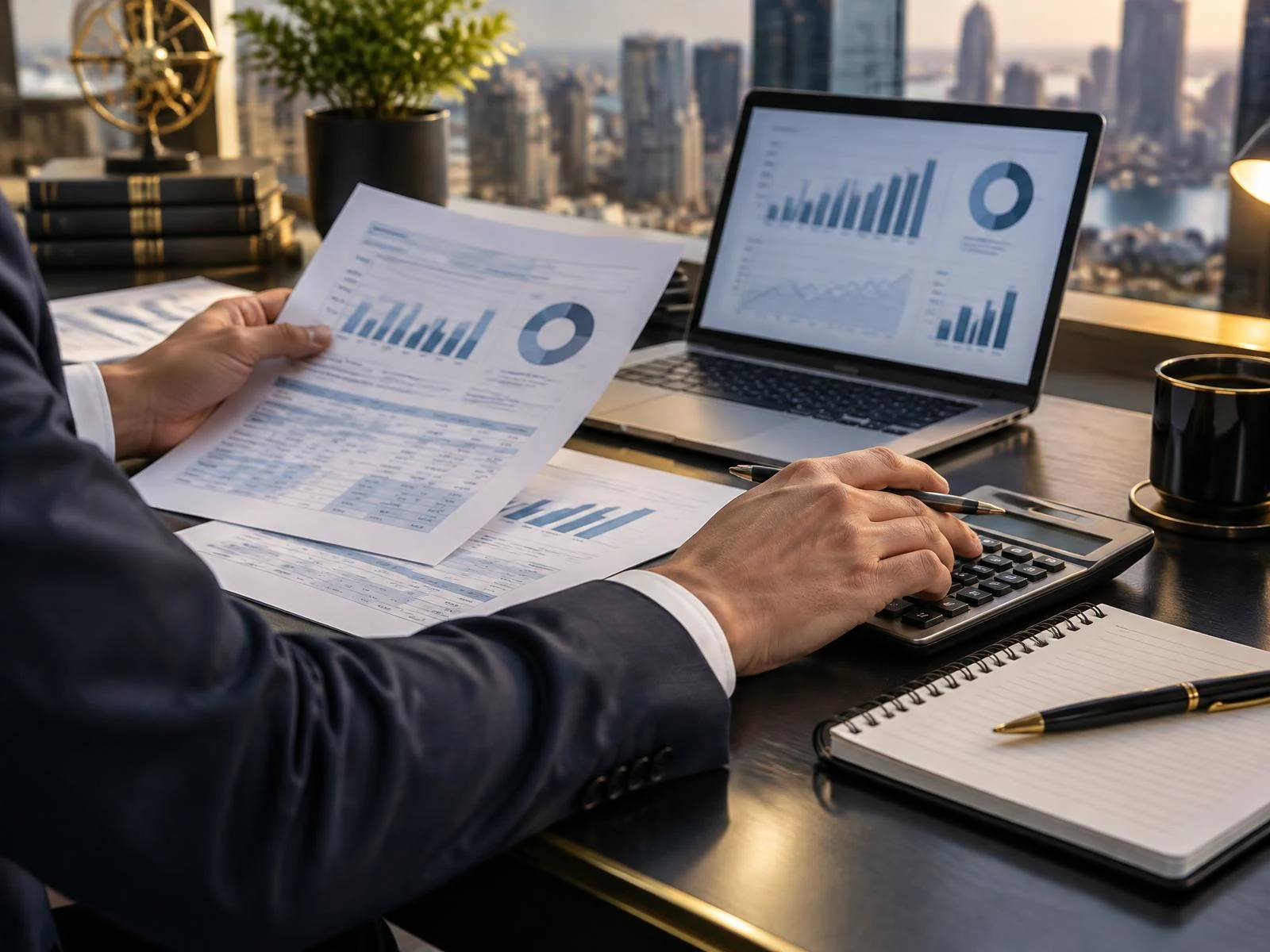 Accounting professional reviewing financial statements with a calculator and financial dashboard