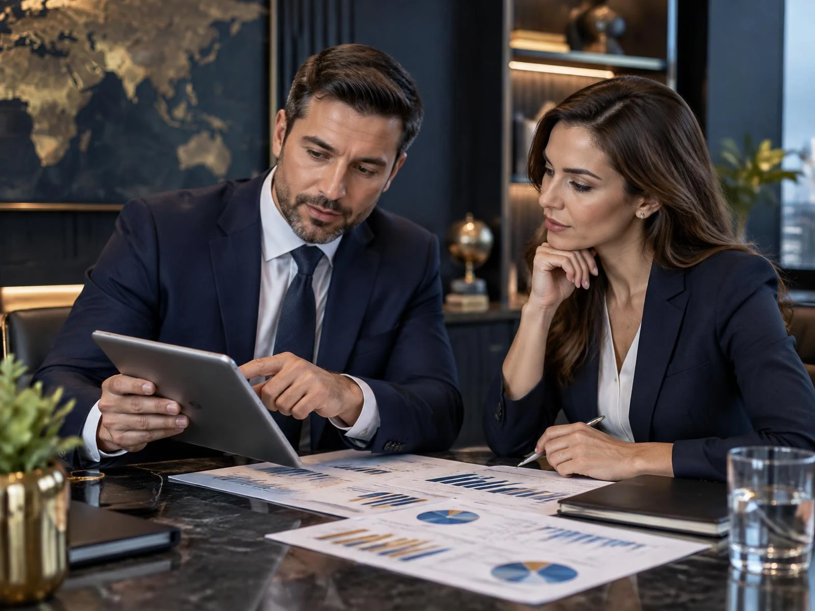 Business professionals discussing financial strategy using a tablet and financial reports