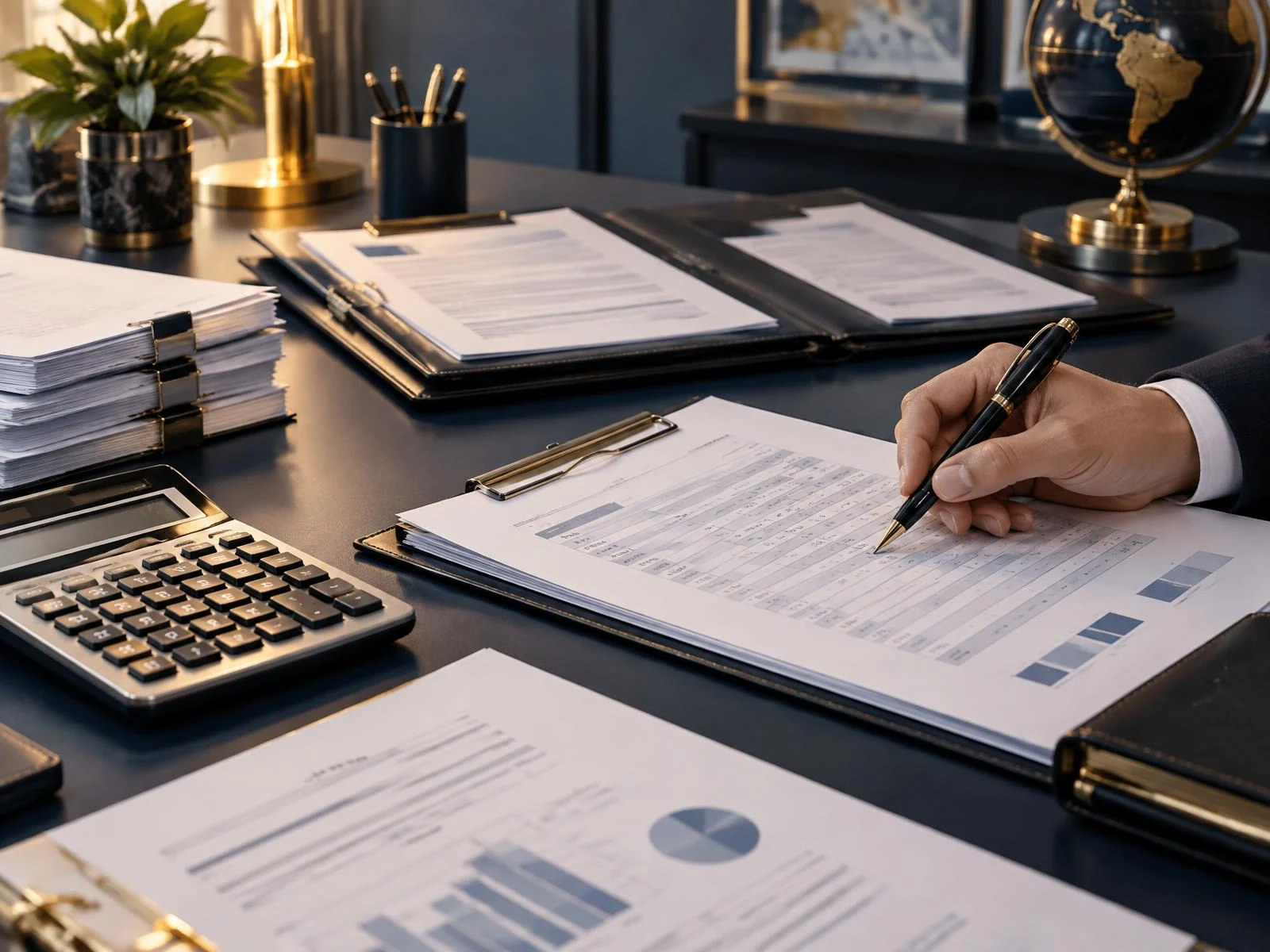 Business tax documentation being reviewed alongside a calculator and organized financial records