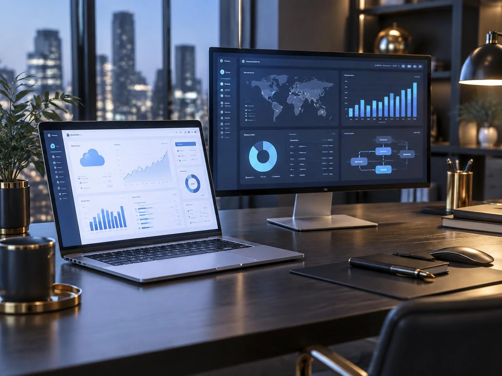 Cloud accounting and business intelligence dashboards on a laptop and desktop monitor